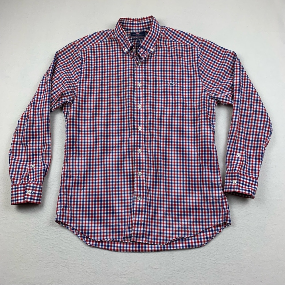 Vineyard Vines Shirt Mens Large L Slim Fit Tucker Red White‎ Blue Gingham Check